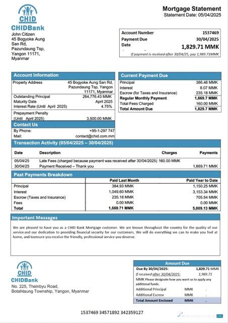 Download Myanmar CHID Bank mortgage statement Word and PDF template Photoshop template